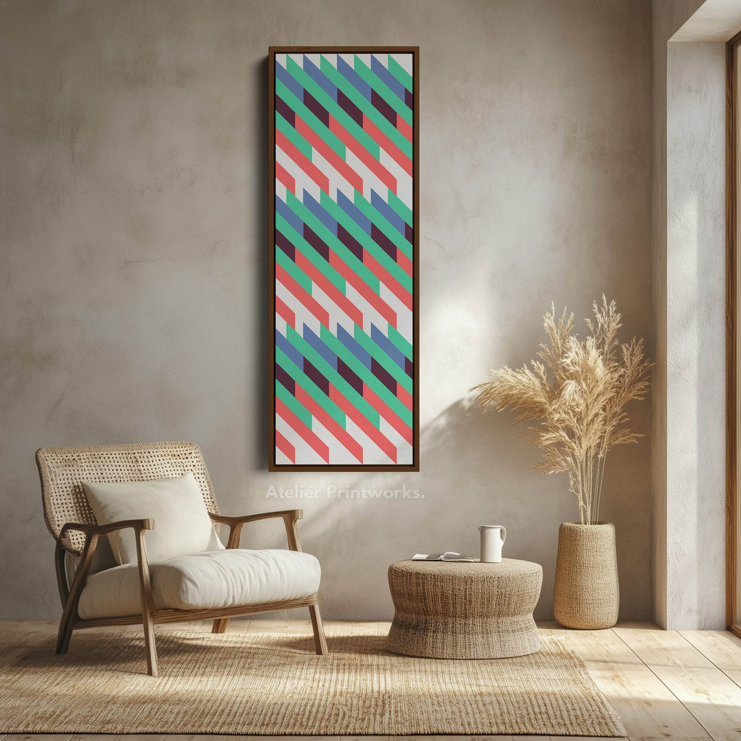 Retro Diagonal Stripes Vertical Framed Canvas Wall Art for Bedroom or Hallway - Atelier Printworks