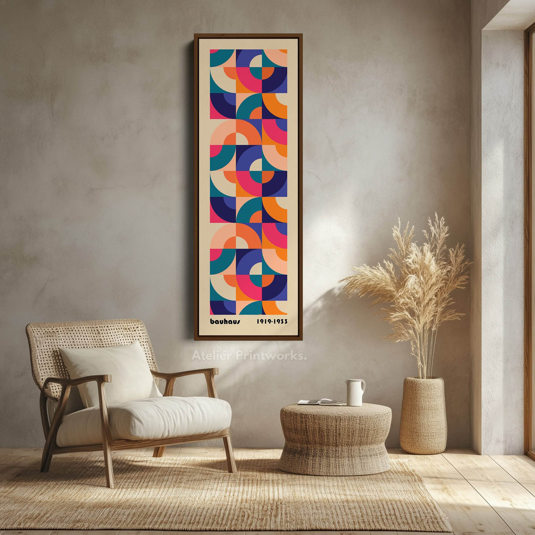 Orange and Blue Bauhaus Pattern Vertical Framed Canvas Wall Art for Bedroom or Living Room - Atelier Printworks