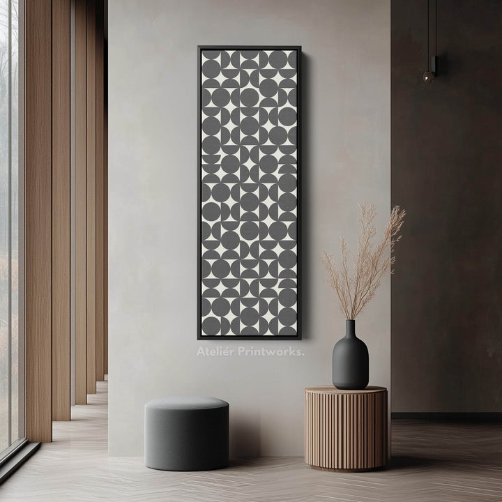 Retro Circle Grid Long Vertical Framed Canvas for Modern Living Room or Hallway - Atelier Printworks