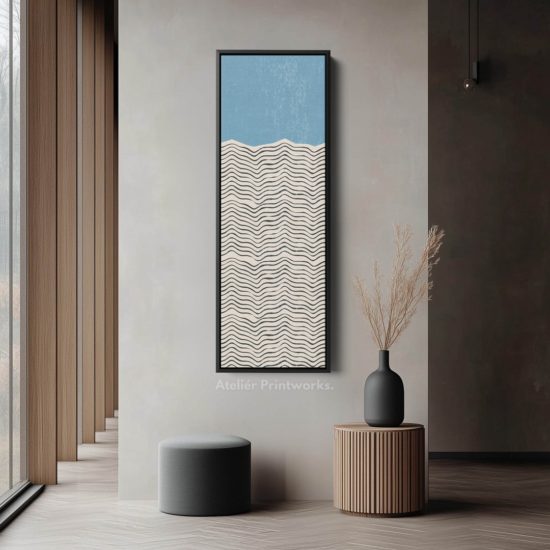 Modern Sunrise Waves Yellow Vertical Framed Canvas Wall Art for Hallway or Bedroom - Atelier Printworks