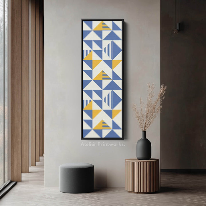 Retro Blue and Yellow Triangles Vertical Framed Canvas Wall Art for Bedroom or Hallway - Atelier Printworks