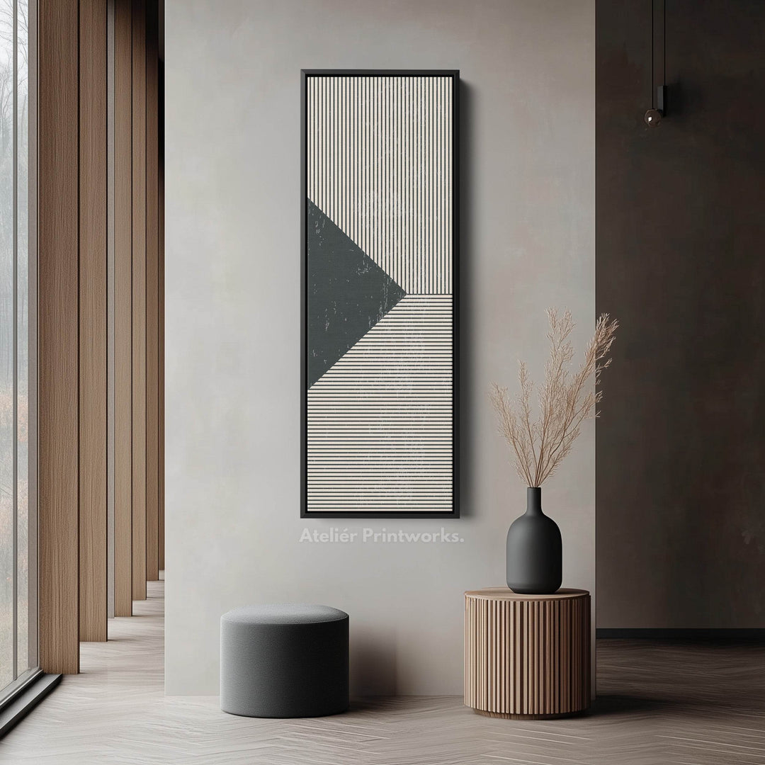 Minimalist Black and Beige Stripes Vertical Framed Canvas Wall Art for Hallway or Office - Atelier Printworks