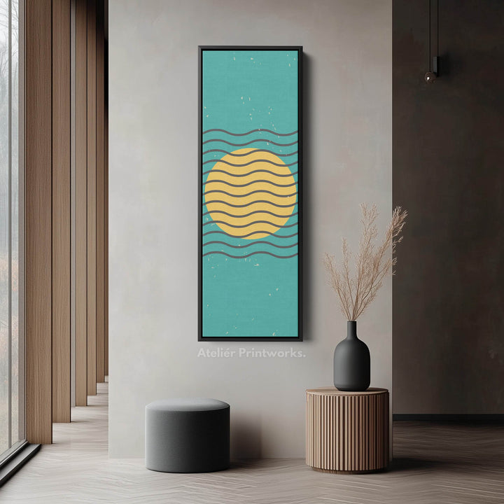 Teal and Yellow Minimalist Sun Vertical Framed Canvas Wall Art for Hallway or Bedroom - Atelier Printworks