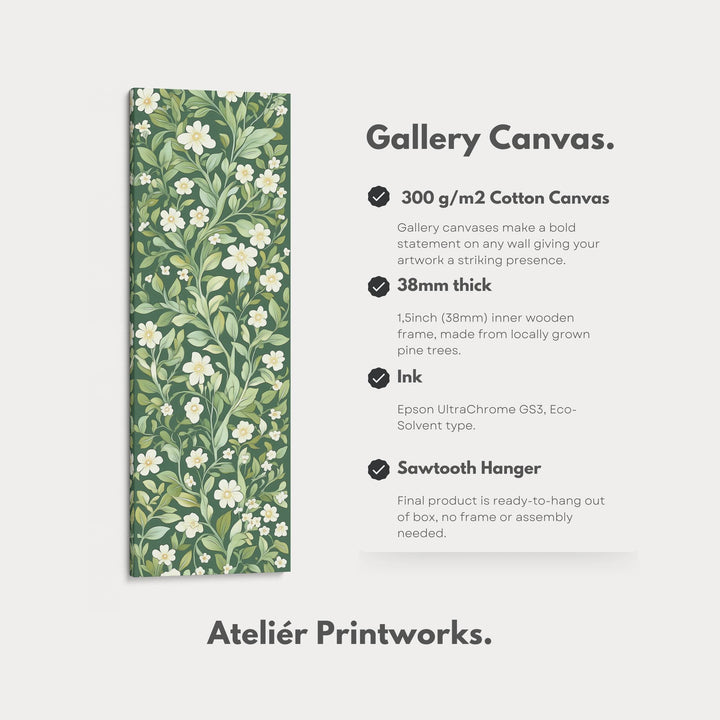 Framed Canvas Narrow Vertical White & Green Floral - Atelier Printworks