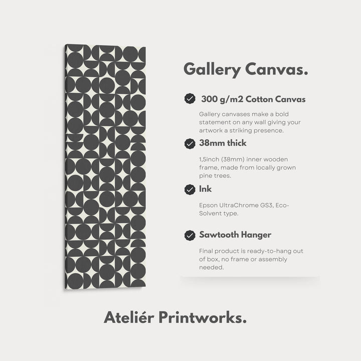 Retro Circle Grid Long Vertical Framed Canvas for Modern Living Room or Hallway - Atelier Printworks