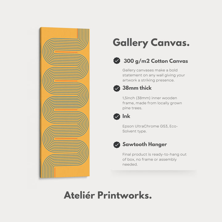 Playful Retro Curves Mustard Vertical Framed Canvas for Bedroom or Creative Workspace - Atelier Printworks