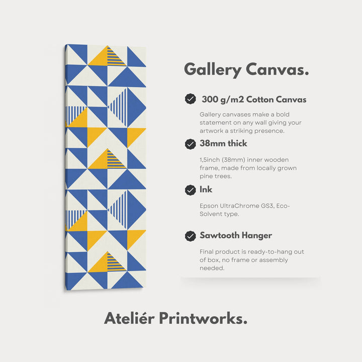 Retro Blue and Yellow Triangles Vertical Framed Canvas Wall Art for Bedroom or Hallway - Atelier Printworks