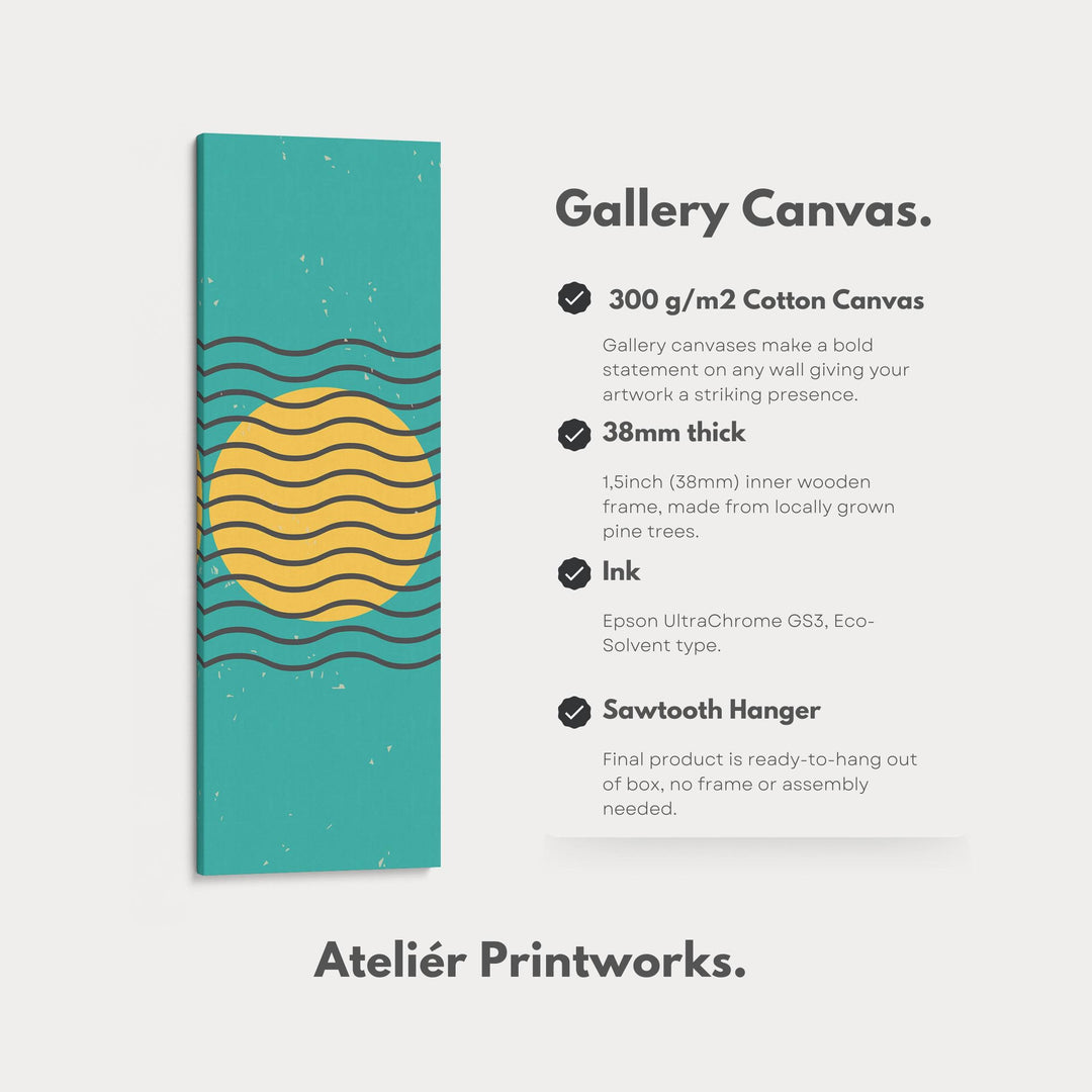Teal and Yellow Minimalist Sun Vertical Framed Canvas Wall Art for Hallway or Bedroom - Atelier Printworks