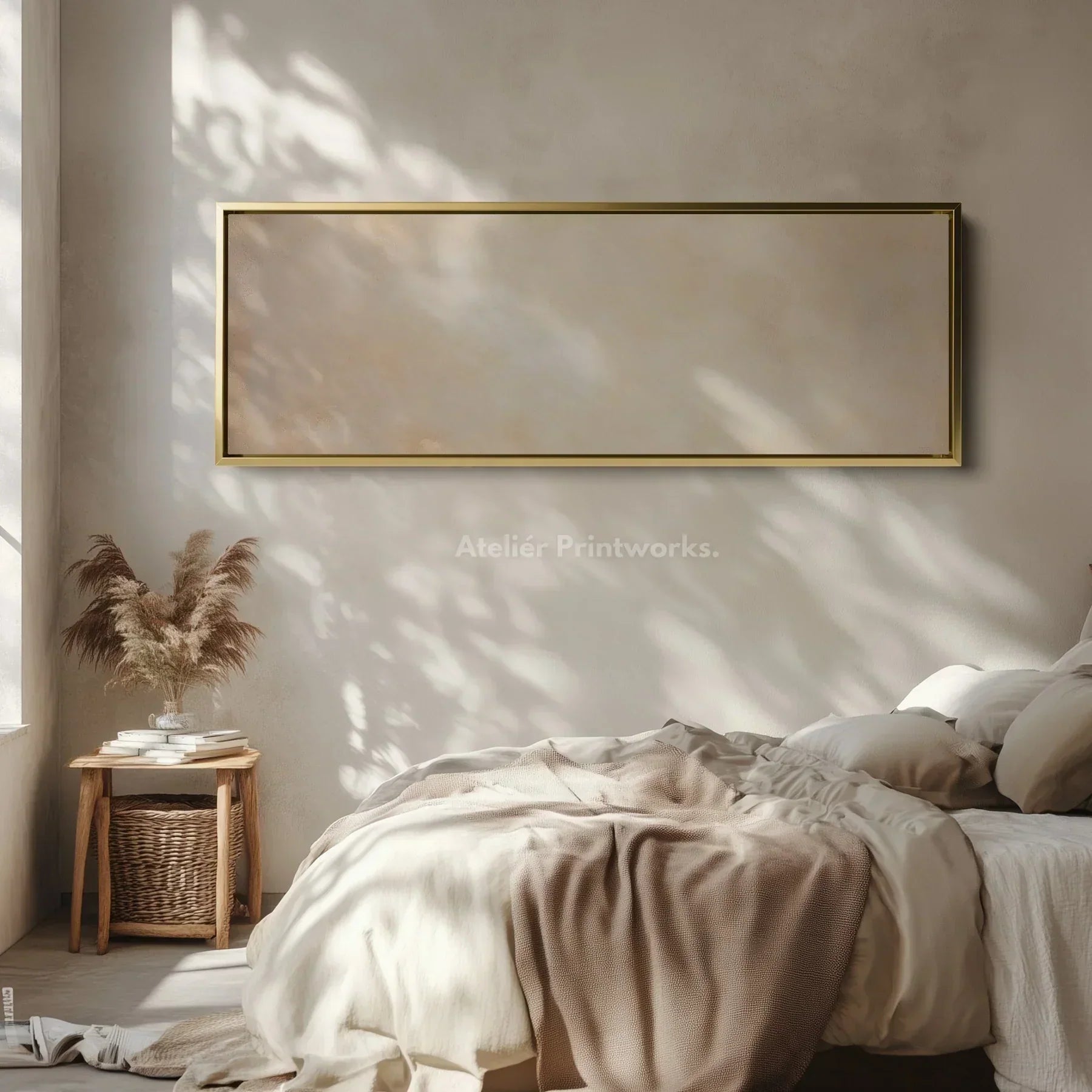 Abstract wall art in a modern neutral interior, showing a minimalist canvas with soft beige and cream tones that creates a calm, contemporary focal point.