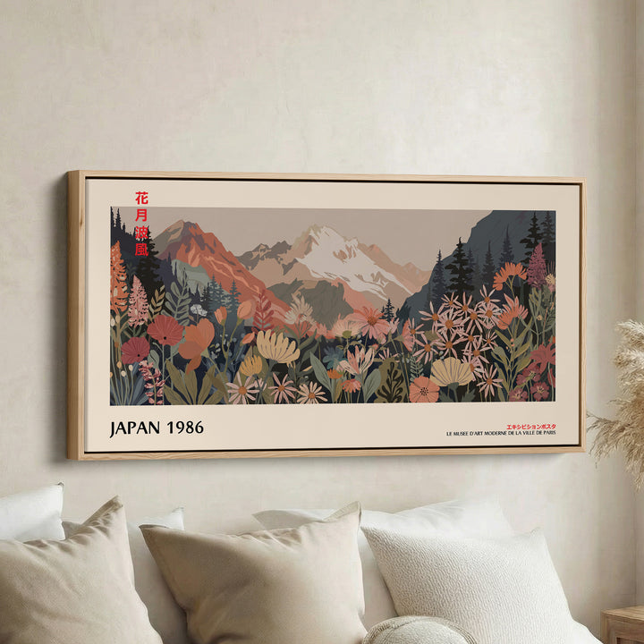 Wide Panoramic Wall Art – Snowy Mountain & Wildflowers, Muted Japanese-Inspired Landscape Print