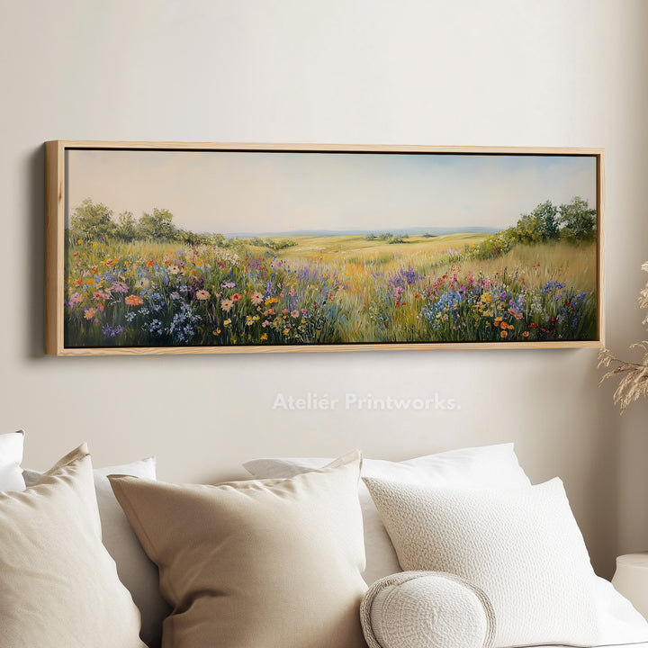 Vintage Wildflower Meadow Wide Skinny Framed Canvas Wall Art - H0046