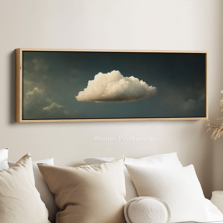 Above Bed Wall Art - Floating Blue & Green Cloud Minimalist Horizontal Wall Art - H0055