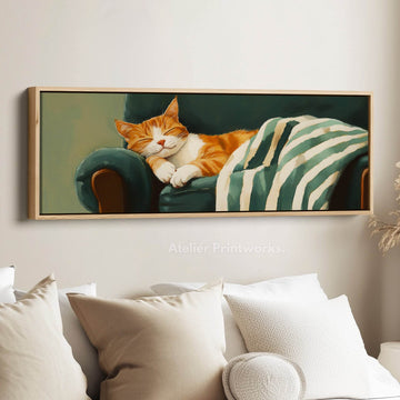 Cozy Cat Panoramic Long Narrow Wall Art Large Canvas Decor - Atelier Printworks