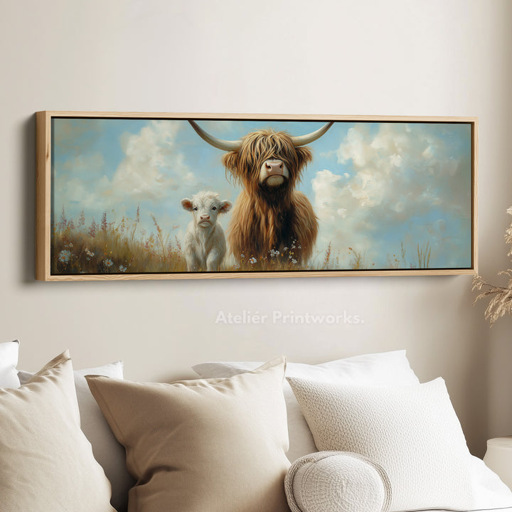 Scottish Highland Cow Framed Canvas Large Horizontal Wall Art - H0064