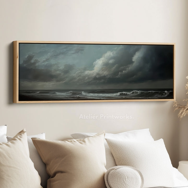 Moody Sea Long Horizontal Wall Art Above Bed Decor - H0074