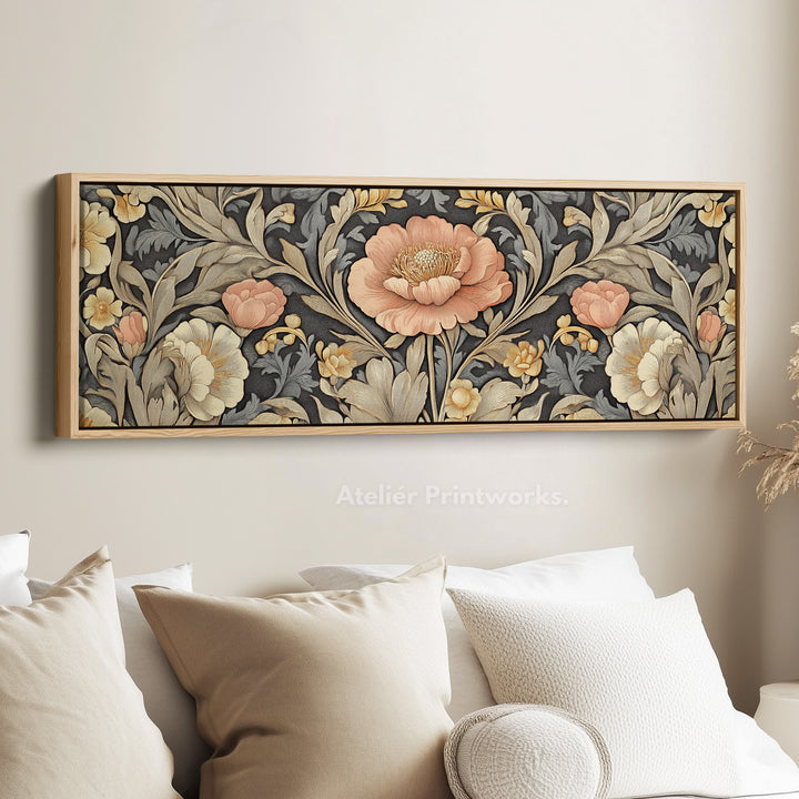 Vintage Floral Pattern Large Framed Canvas Long Narrow Horizontal Wall Art - H0083