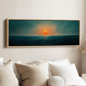Ocean Sunset Narrow Wide Horizontal Wall Decor Large Framed Canvas - Atelier Printworks