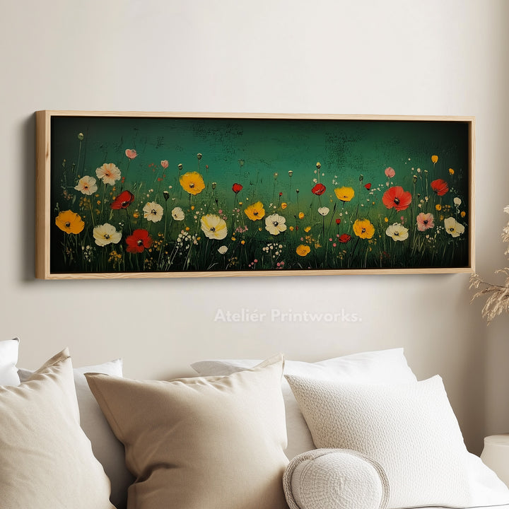 Vintage Wild Flower Meadow Long Horizontal Wall Art Panoramic Wall Decor - H0148