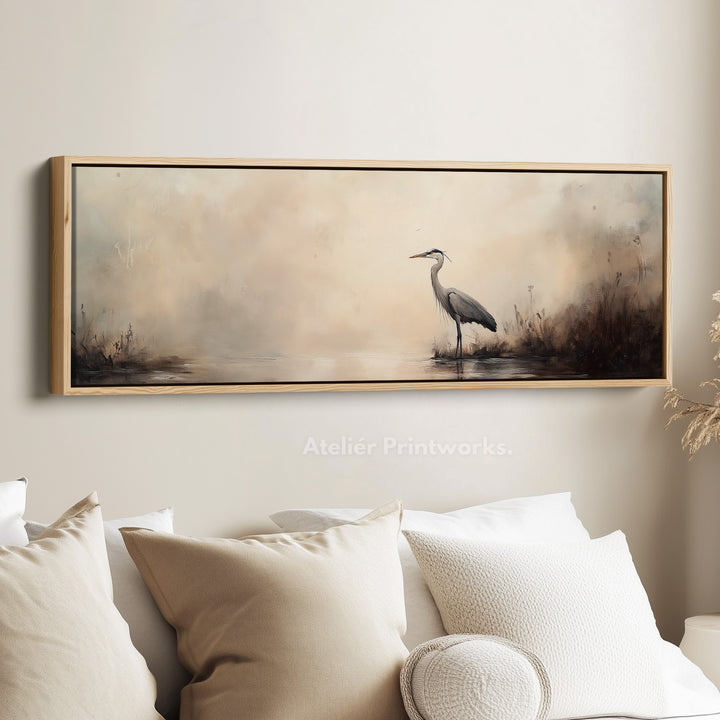 Vintage Heron Long Horizontal Skinny Framed Canvas - H0199