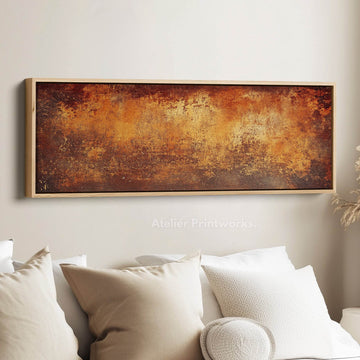 Rustic Orange & Brown Abstract Above Bed Long Narrow Horizontal Wall Art - Atelier Printworks