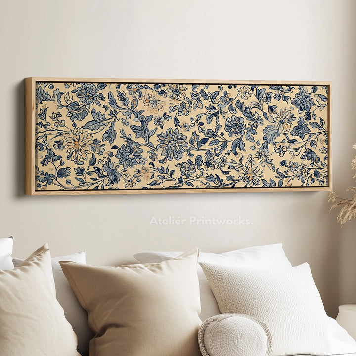 Vintage Blue & Beige Panoramic Large Framed Wall Decor - H0224