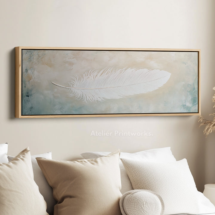 White Feather Above Bed Framed Canvas Wall Art - H0232
