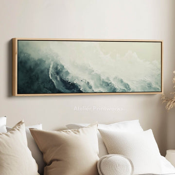 Abstract Ocean White & Bue Long Narrow Horizontal Wall Art Framed Canvas - Atelier Printworks
