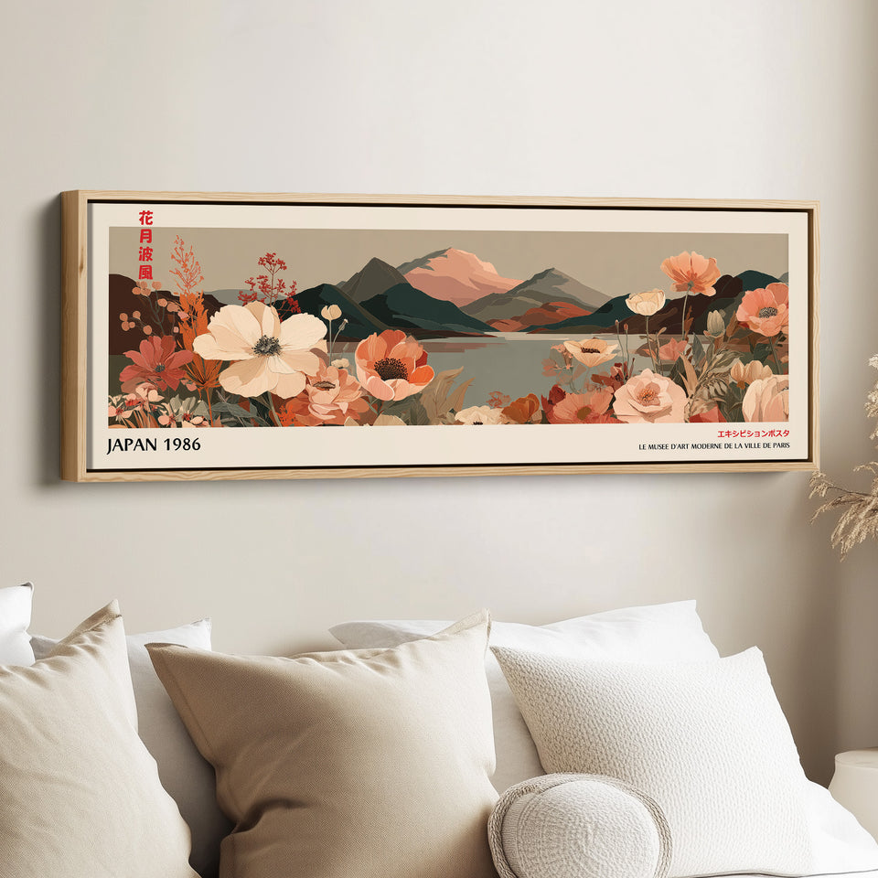 Wide Panoramic Wall Art – Muted Floral Mountain Lake, Japandi Boho Horizontal Landscape Print