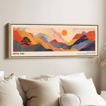 Extra Large Horizontal Wall Art – Abstract Sunrise Hills, Warm Japanese-Inspired Panoramic Print