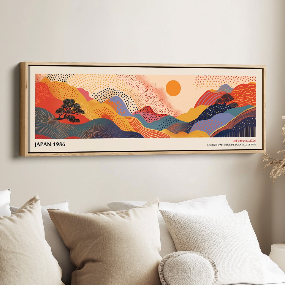 Extra Large Horizontal Wall Art – Abstract Sunrise Hills, Warm Japanese-Inspired Panoramic Print