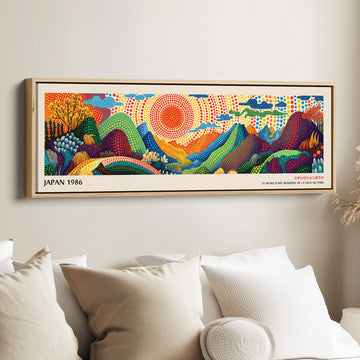 Oversized Horizontal Wall Art – Rainbow Dot Sunrise, Bold Japanese-Inspired Panoramic Landscape Print