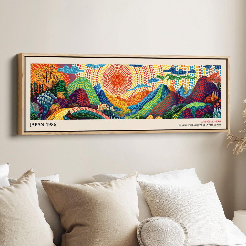 Oversized Horizontal Wall Art – Rainbow Dot Sunrise, Bold Japanese-Inspired Panoramic Landscape Print
