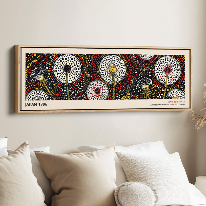 Wide Panoramic Wall Art – Dandelion Dot Bloom, Bold Japanese-Inspired Long Horizontal Print
