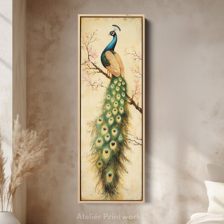 Large Canvas Peacock Framed Wall Art Long Vertical Wall Decor - V0083