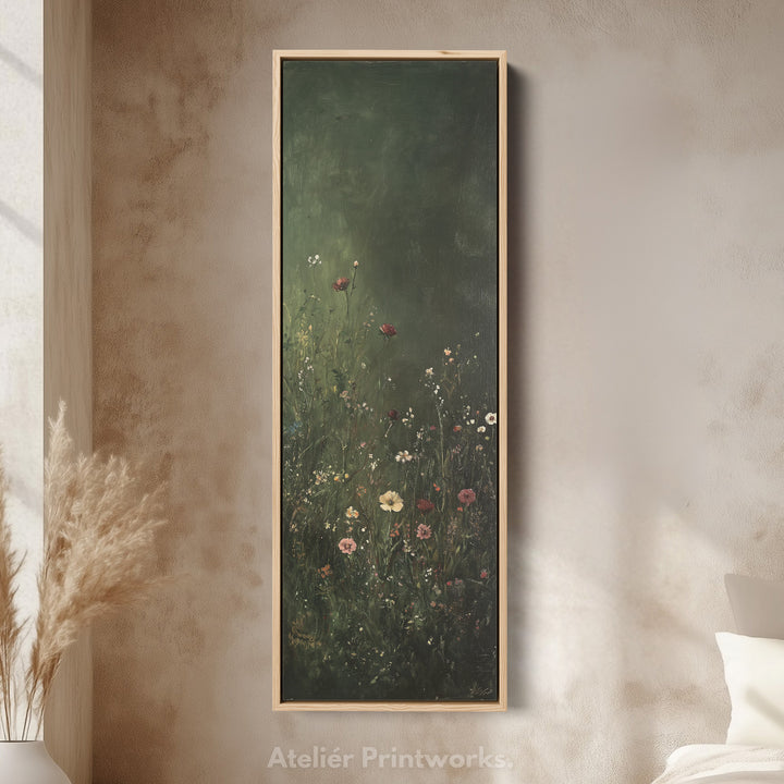 Vintage Wild Flowers Dark Green Vertical Wall Art - Tall Long Narrow Vertical Wall Decor - V0122