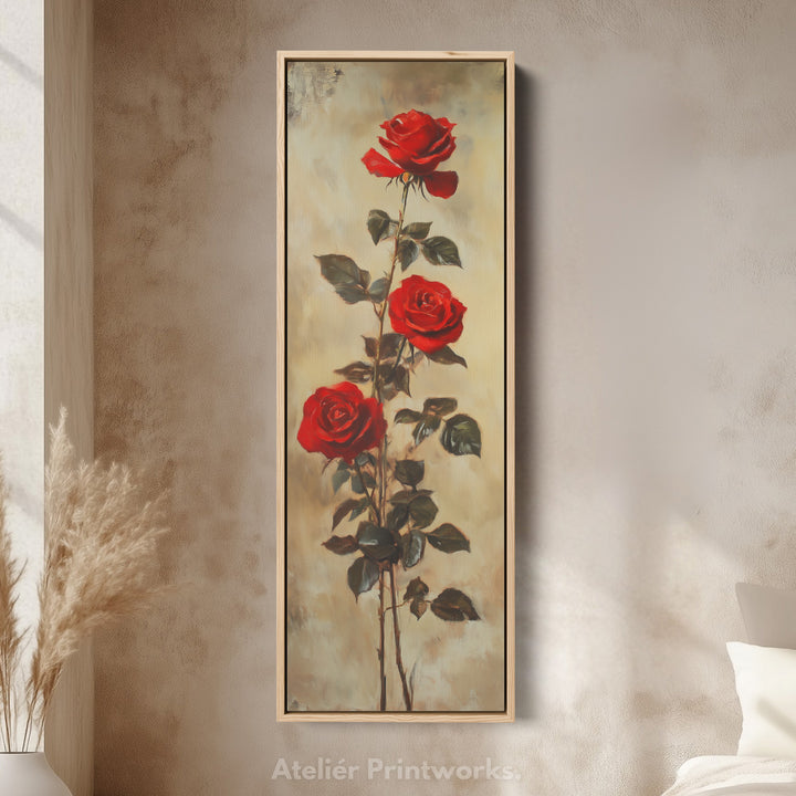 Red Roses Long Narrow Framed Canvas Wall Art For Living Room - V0170