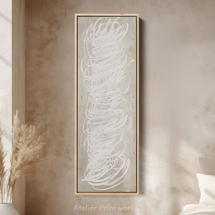 Abstract White Minimalist Long Vertical Framed Canvas Wall Decor - V0199