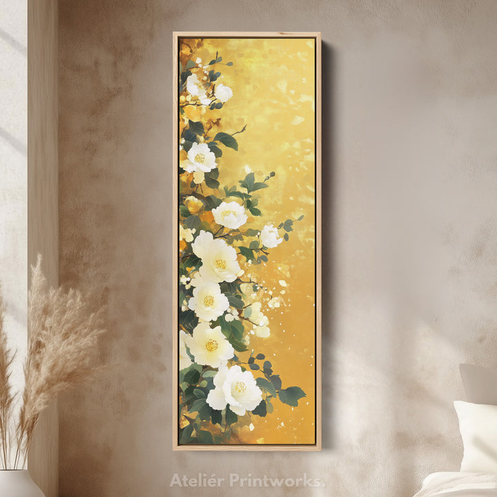 Vertical White & Gold Floral Long Framed Canvas Decor - V0204