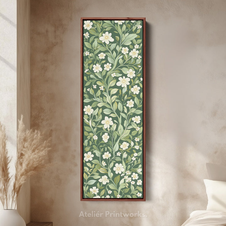 Framed Canvas Narrow Vertical White & Green Floral - V0239