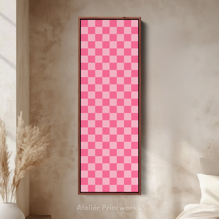 Pink Checkered Gingham Vertical Slim Wall Art - V0310