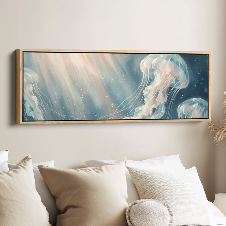 Drifting Jellyfish Long Narrow Wall Art Large Canvas for Living Room canvas in an oak frame, above the bed