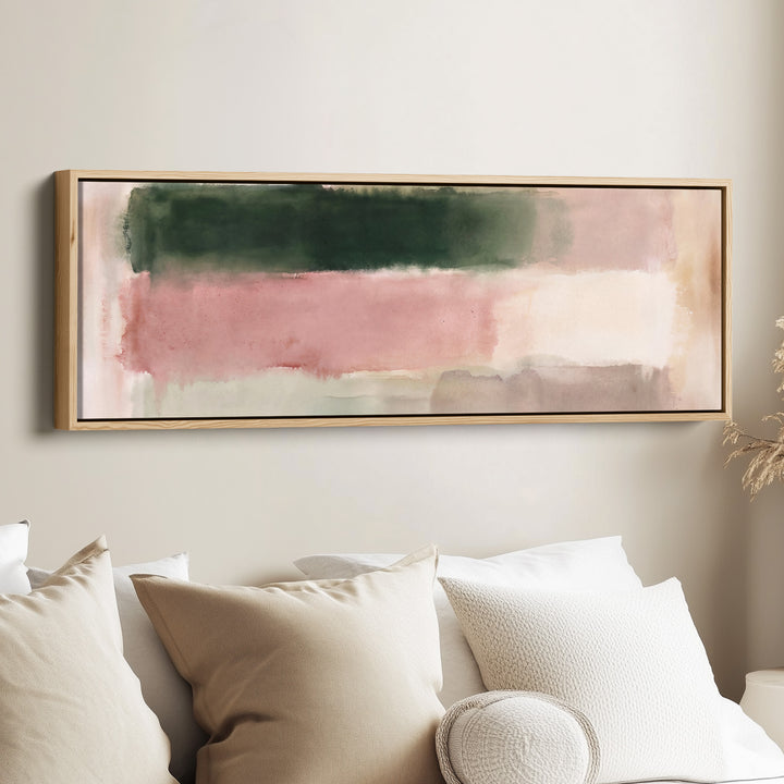 Blush Colour Block Abstract Long Wall Art for Bedroom canvas in an oak frame, above the bed