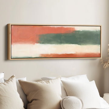 Warm Modern Colour Block Abstract Panoramic Wall Art for Living Room canvas in an oak frame, above the bed