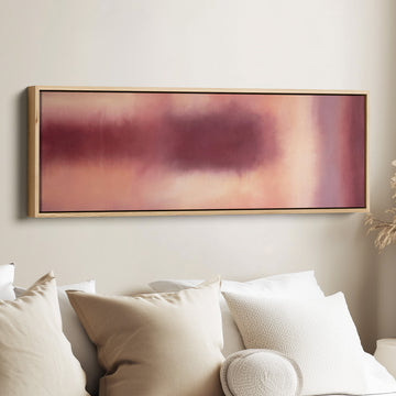 Long Narrow Wall Art Burgundy Colour Field Abstract for Dining Room canvas in an oak frame, above the bed