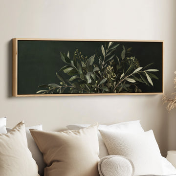 Panoramic Wall Art Olive Branches on a Dark Background for Kitchen canvas in an oak frame, above the bed