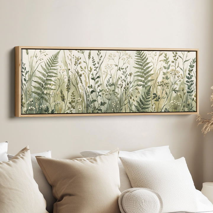 Long Wall Art Ferns and Wild Grasses Botanical Canvas for Hallway canvas in an oak frame, above the bed
