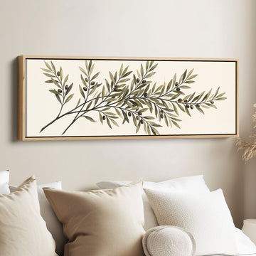 Simple Mediterranean Olive Branch Long Narrow Wall Art for Kitchen canvas in an oak frame, above the bed