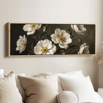 White Anemones on Dark Background Long Wall Art for Dining Room canvas in an oak frame, above the bed