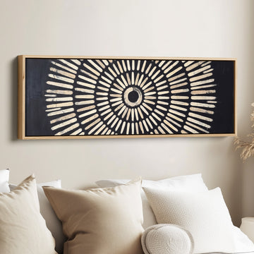 Living Room Wall Art Long Narrow Black Sunburst Geometric Canvas canvas in an oak frame, above the bed