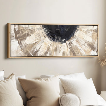 Above Bed Wall Art Panoramic Neutral Brushstroke Sunburst Abstract canvas in an oak frame, above the bed